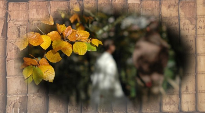 feuilles d'automne avec en arrière-plan un peu fou un ange visitant Joseph
